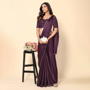 Beads & Stones Satin Saree With Blouse Piece